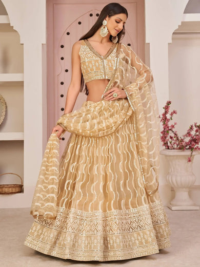 Pretty Beige Embroidered Net Festive Wear Lehenga Choli
